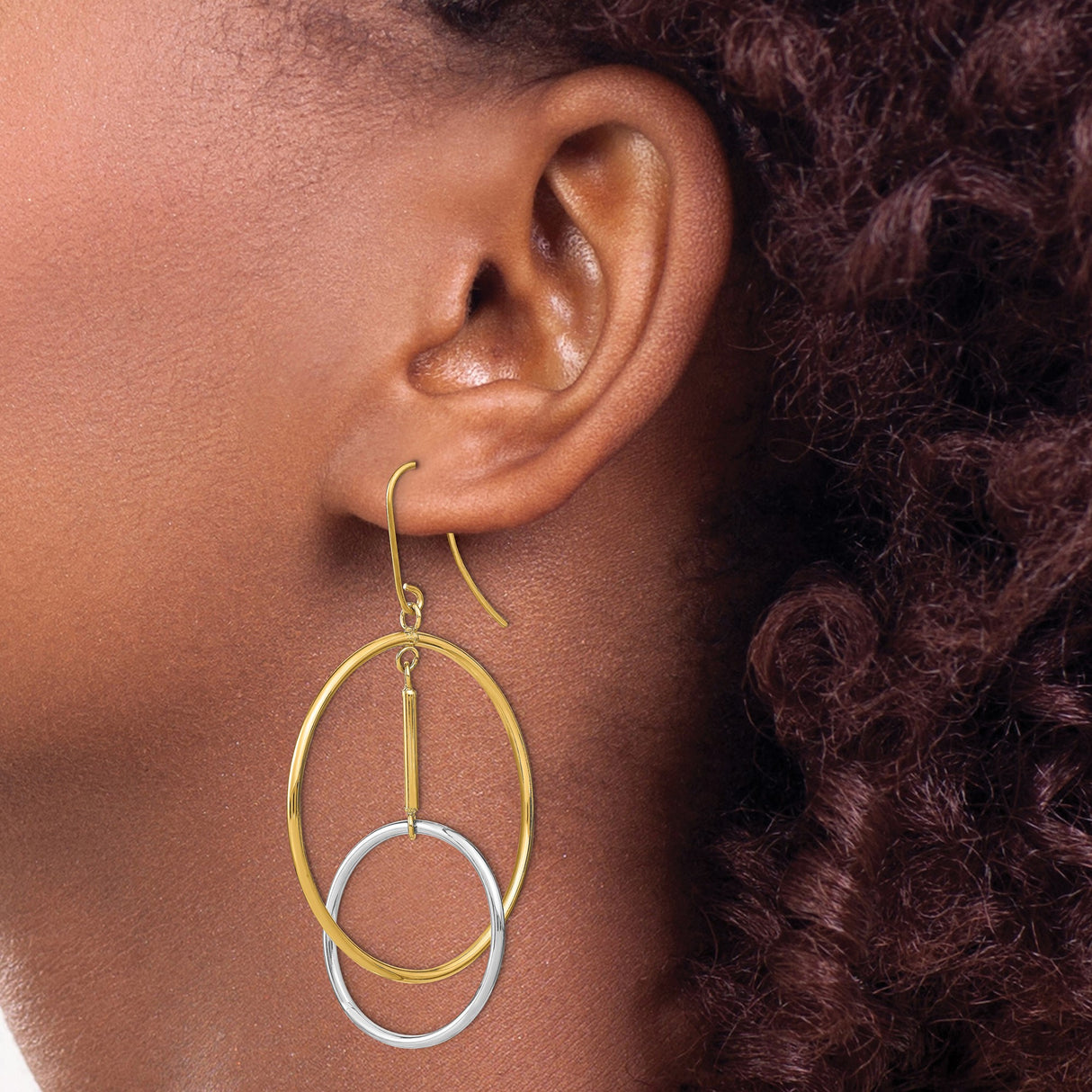 14k Yellow Gold Dangle Earrings with Interlocking Circles, Two-Tone Geometric Design