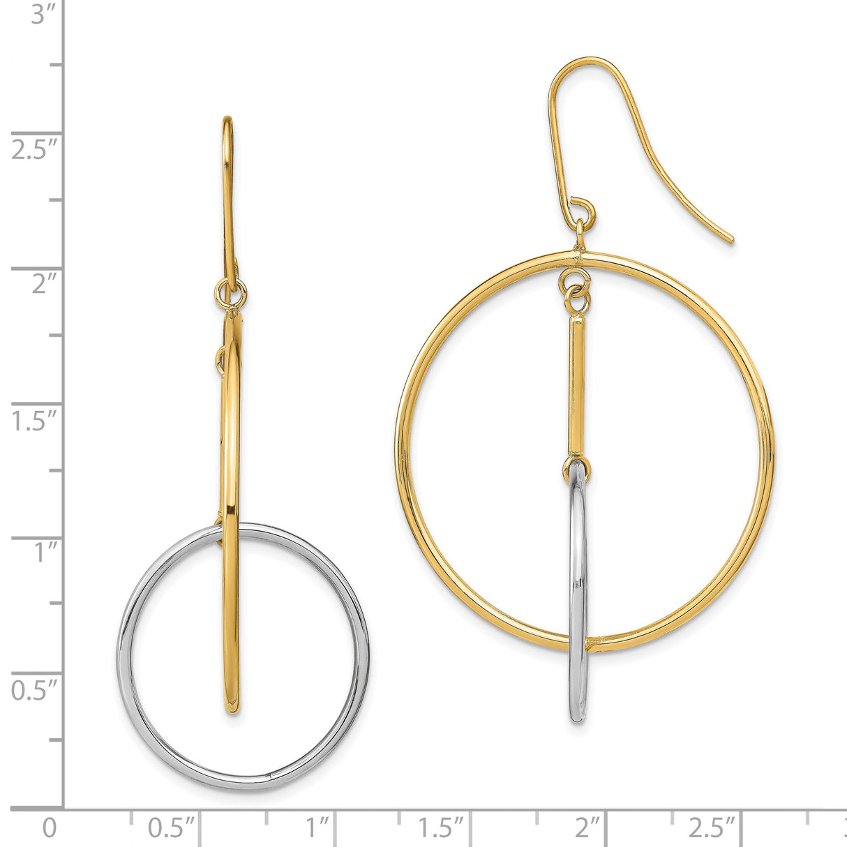 14k Yellow Gold Dangle Earrings with Interlocking Circles, Two-Tone Geometric Design