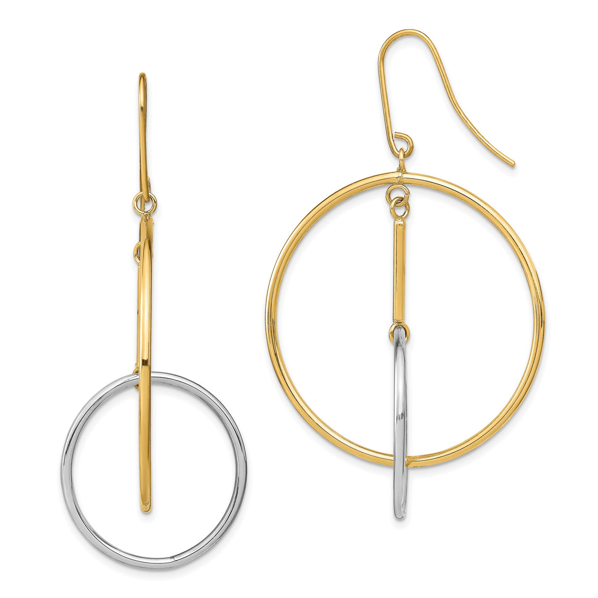 14k Yellow Gold Dangle Earrings with Interlocking Circles, Two-Tone Geometric Design