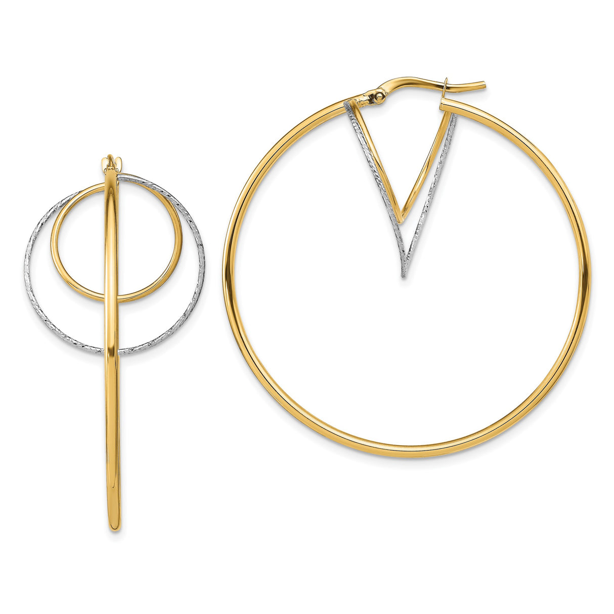 14k Yellow Gold Asymmetrical Hoop Earrings, Two-Tone Geometric Design with Polished and Textured Finish
