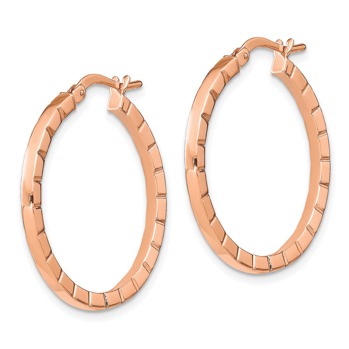 14k Rose Gold Hoop Earrings with Textured Grooved Design, Medium Size Classic Style