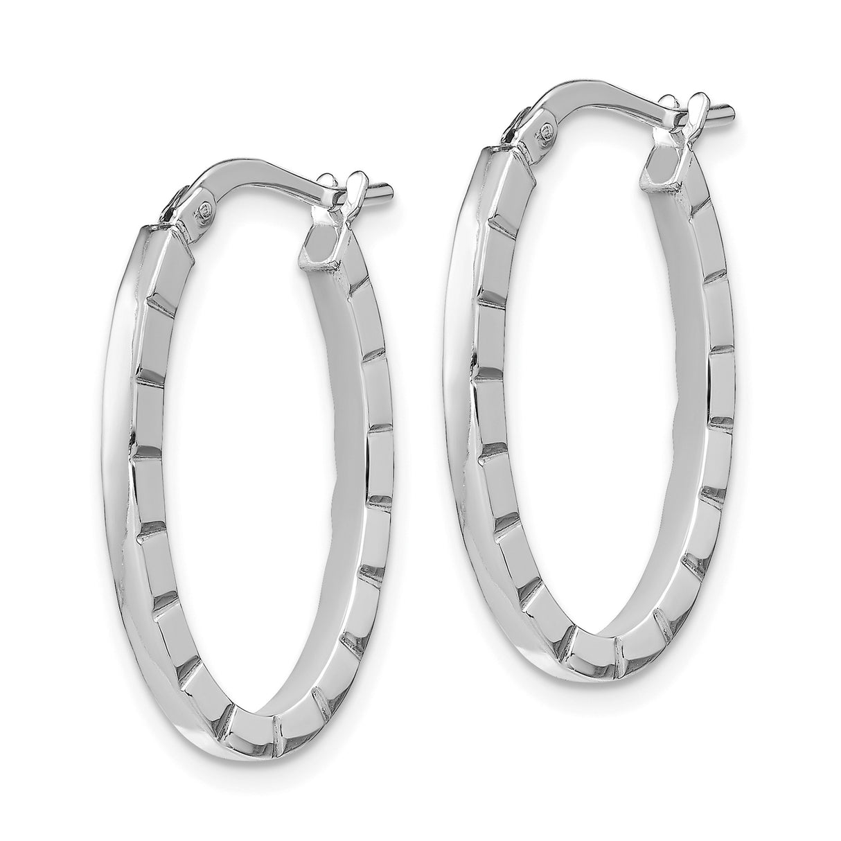 14k White Gold Hoop Earrings, Oval Shape with Polished Segmented Design, Hinged Back