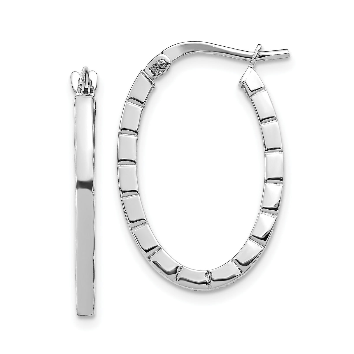 14k White Gold Hoop Earrings, Oval Shape with Polished Segmented Design, Hinged Back