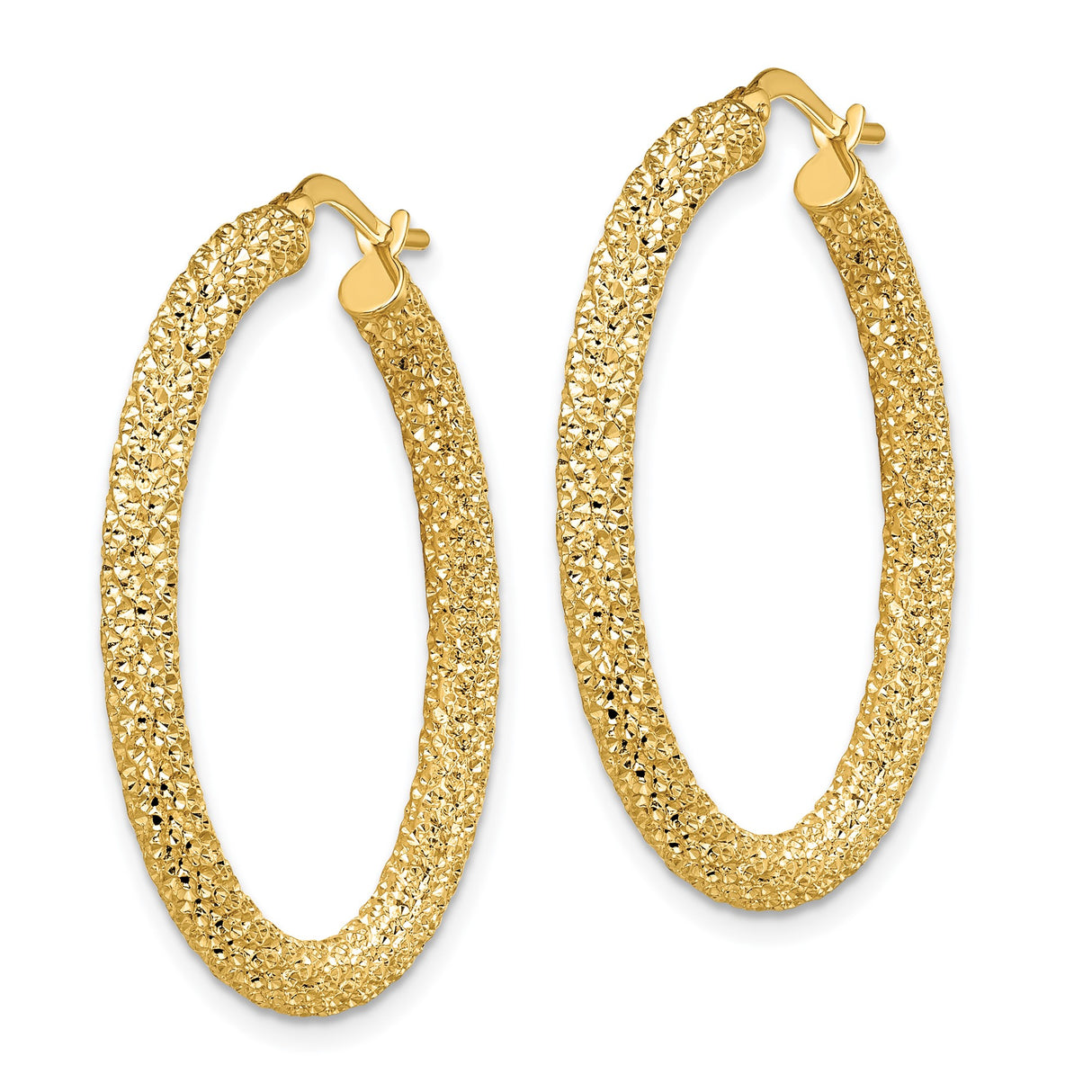 14k Yellow Gold Hoop Earrings, Textured Round Design with Diamond Cut Finish