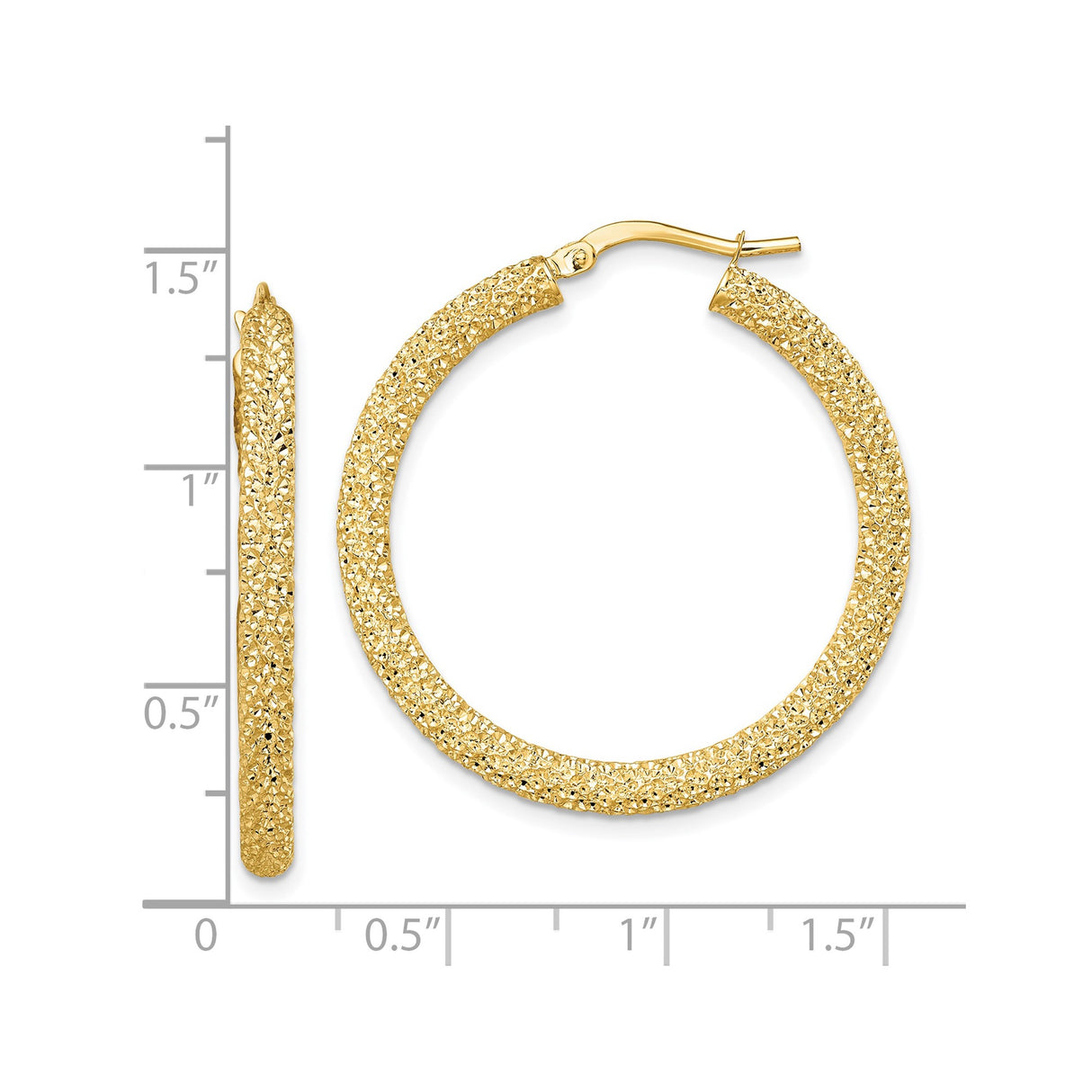 14k Yellow Gold Hoop Earrings, Textured Round Design with Diamond Cut Finish
