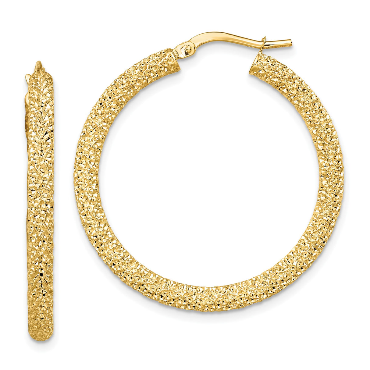 14k Yellow Gold Hoop Earrings, Textured Round Design with Diamond Cut Finish