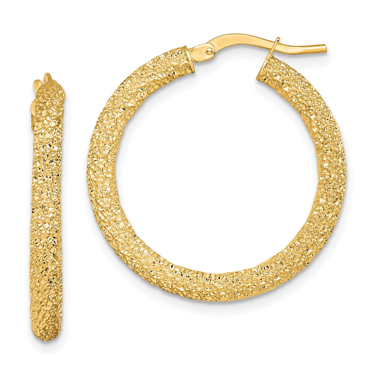 14k Yellow Gold Hoop Earrings, Textured Glitter Finish, Bold Lightweight Design for Women