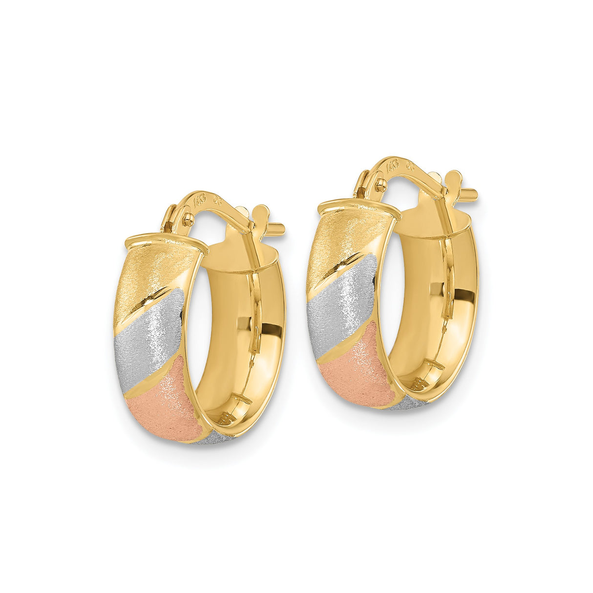 14k Tri-Color Gold Hoop Earrings, Brushed and Polished Finish, Timeless Style for Women