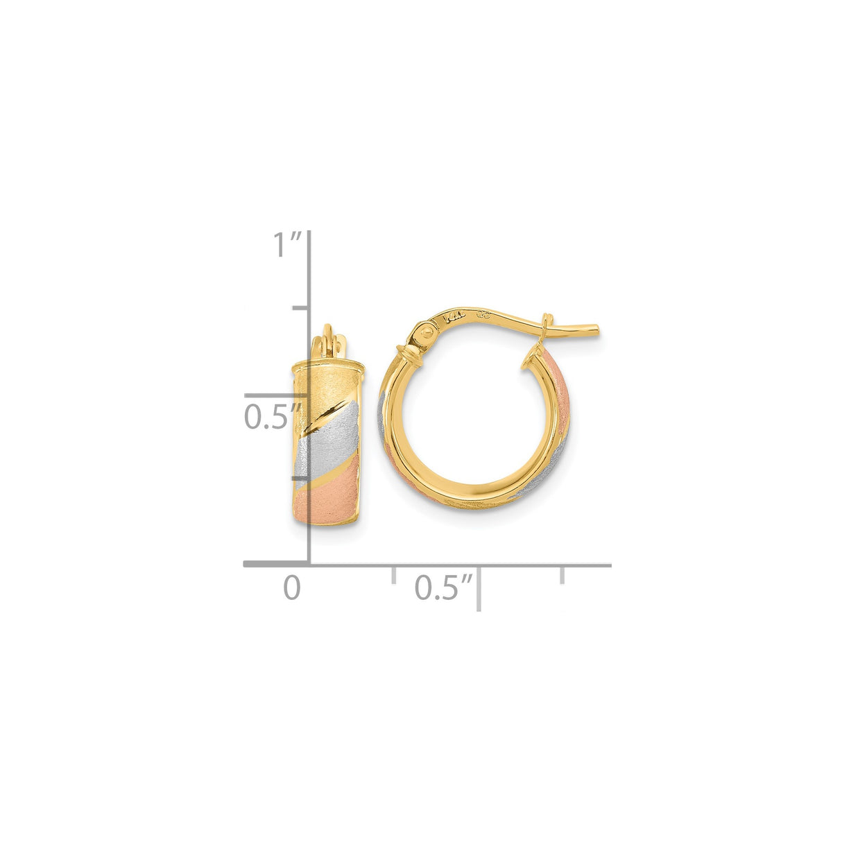 14k Tri-Color Gold Hoop Earrings, Brushed and Polished Finish, Timeless Style for Women