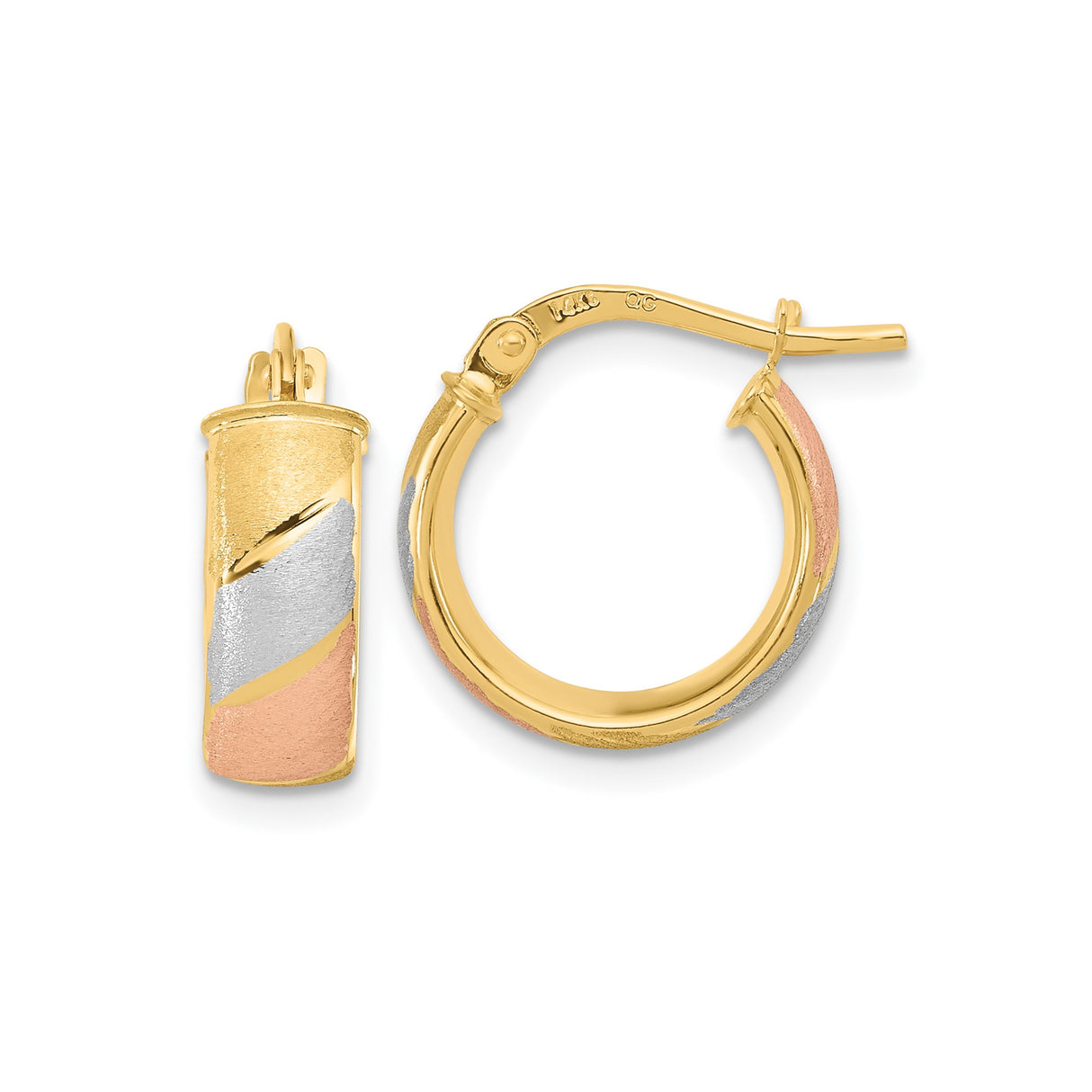 14k Tri-Color Gold Hoop Earrings, Brushed and Polished Finish, Timeless Style for Women