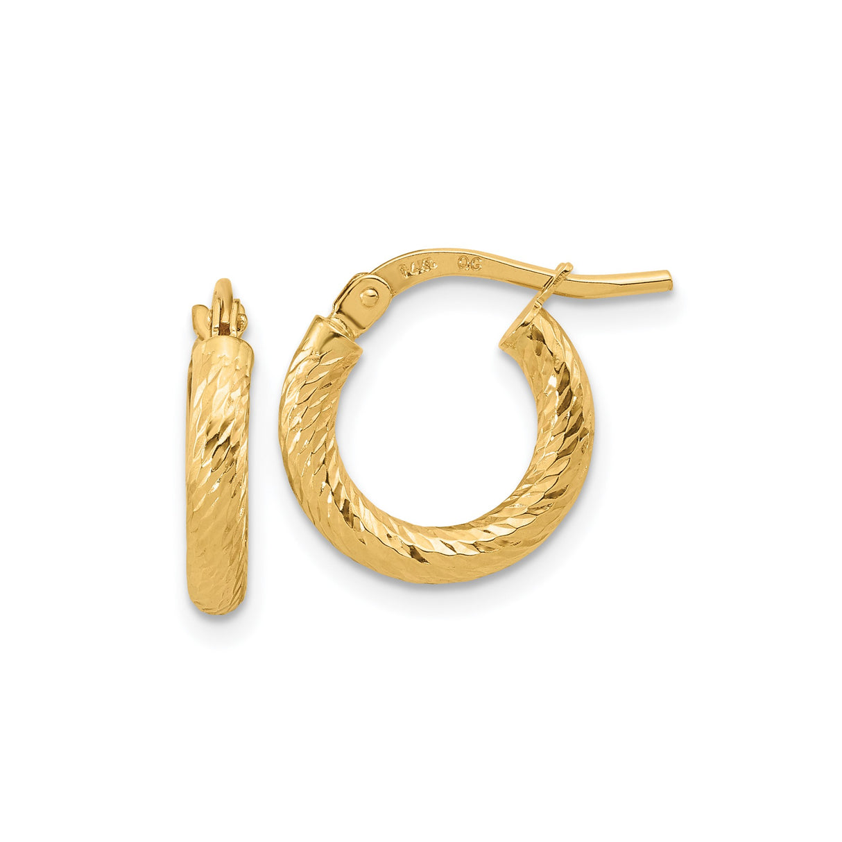 14k Yellow Gold Hoop Earrings, Diamond-Cut Textured Finish, Lightweight Classic Design for Women