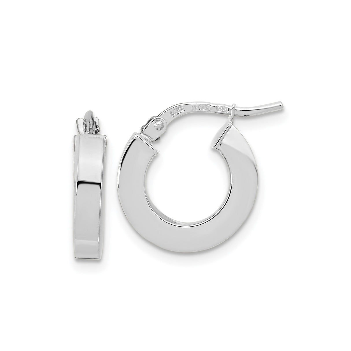 14k White Gold Hoop Earrings, Thick Square Edge Rounded Hoops, High Polish Finish, Italian Made