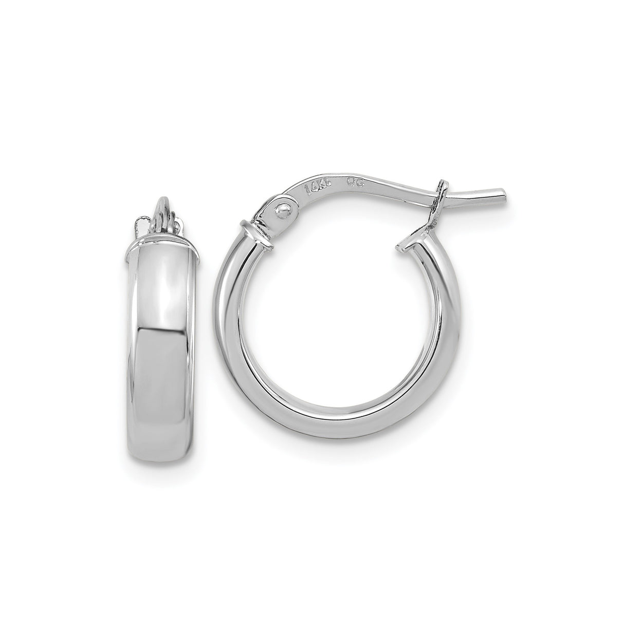 14k White Gold Hoop Earrings, Polished Round Design, Lightweight Minimalist Style for Women