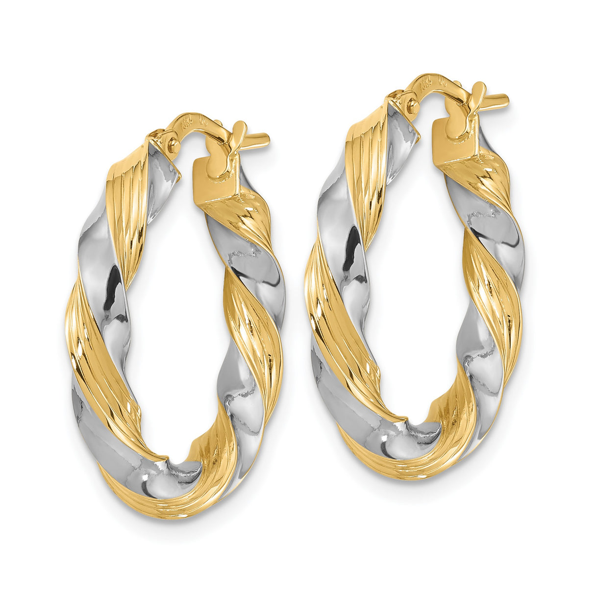 14k Two Tone Gold Twisted Hoop Earrings, Polished and Textured Spiral Design
