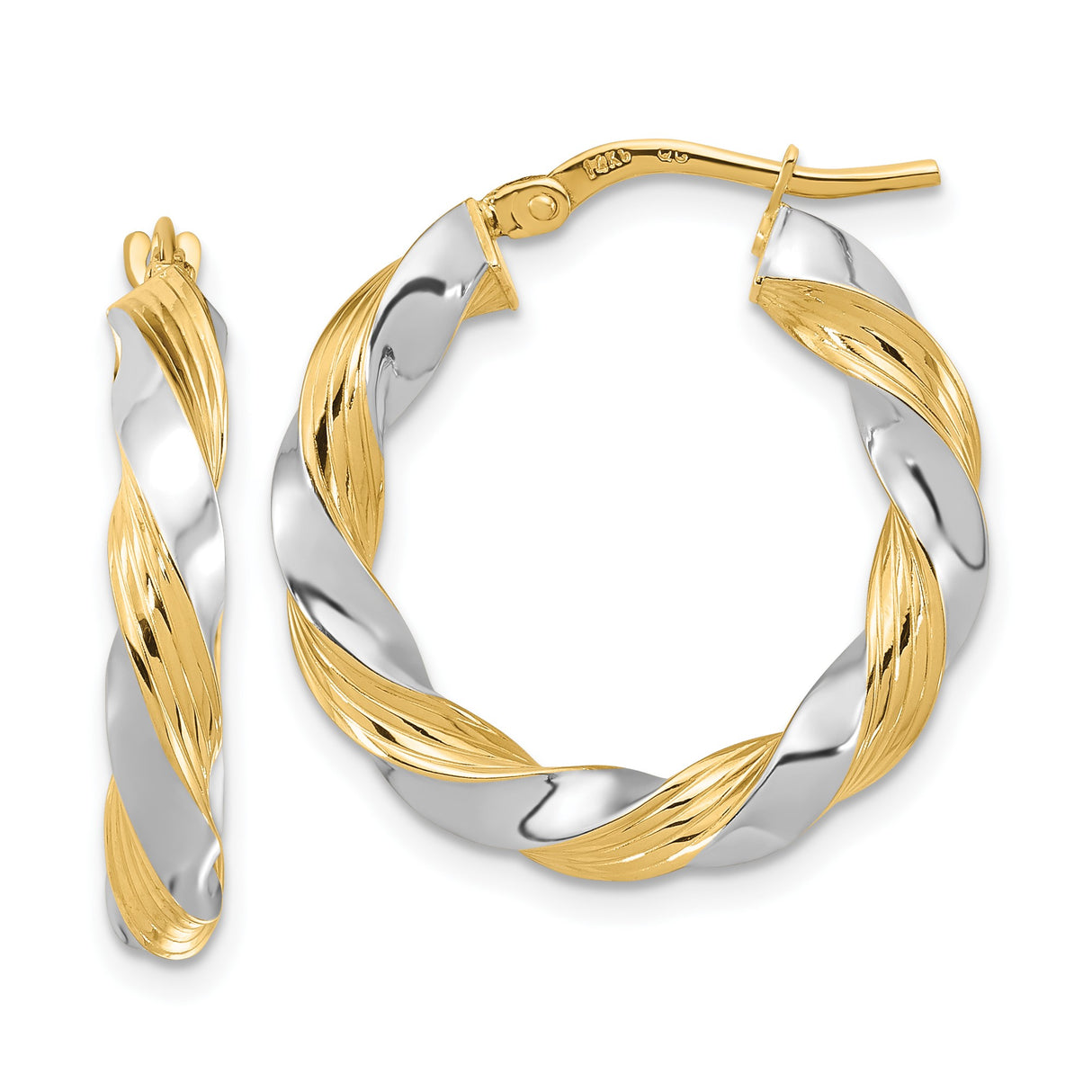 14k Two Tone Gold Twisted Hoop Earrings, Polished and Textured Spiral Design