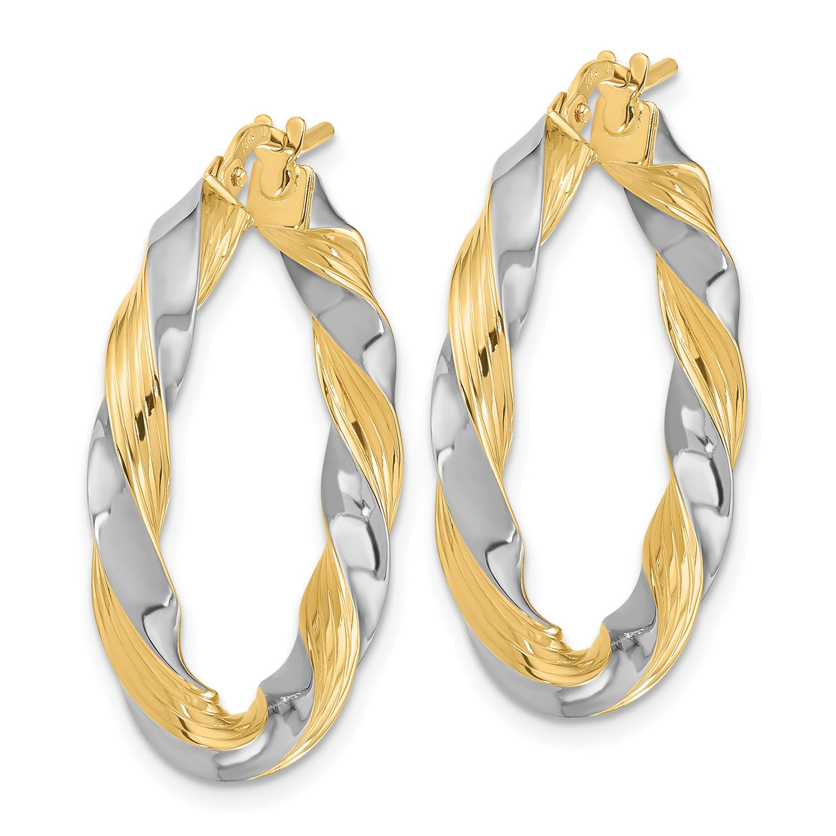 14k Yellow Gold and White Gold Twisted Hoop Earrings, Intertwined Polished Design for Women