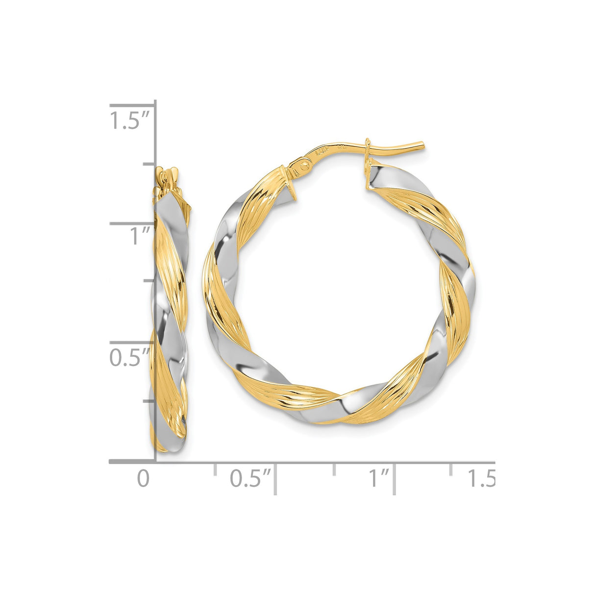 14k Yellow Gold and White Gold Twisted Hoop Earrings, Intertwined Polished Design for Women