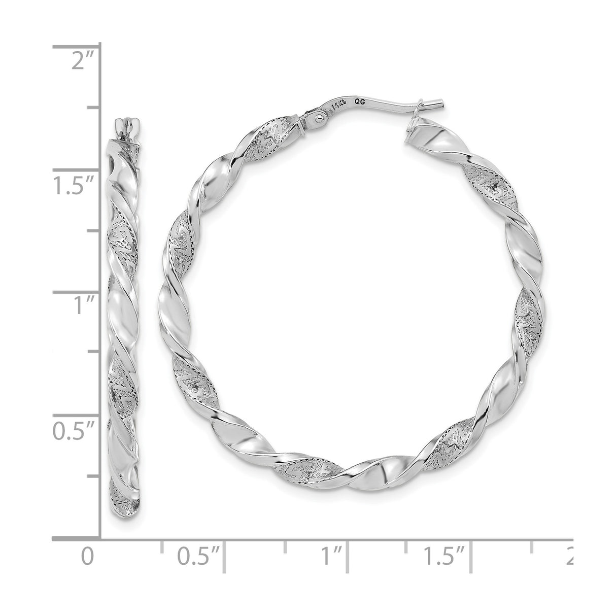 14k White Gold Twisted Hoop Earrings with High Polish and Diamond-Cut Spiral Design