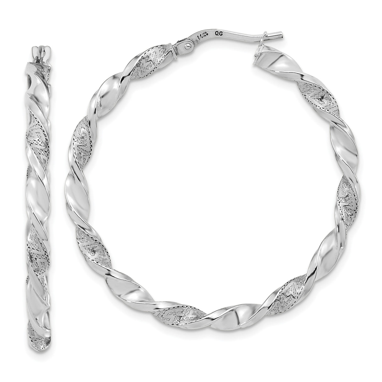 14k White Gold Twisted Hoop Earrings with High Polish and Diamond-Cut Spiral Design