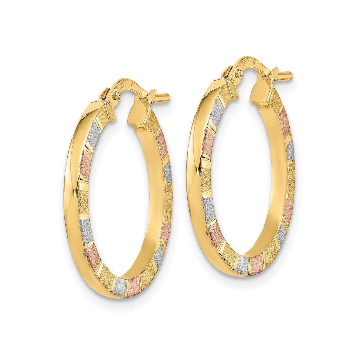 14k Tri-Color Gold Hoop Earrings, Textured Round Lightweight Design for Women