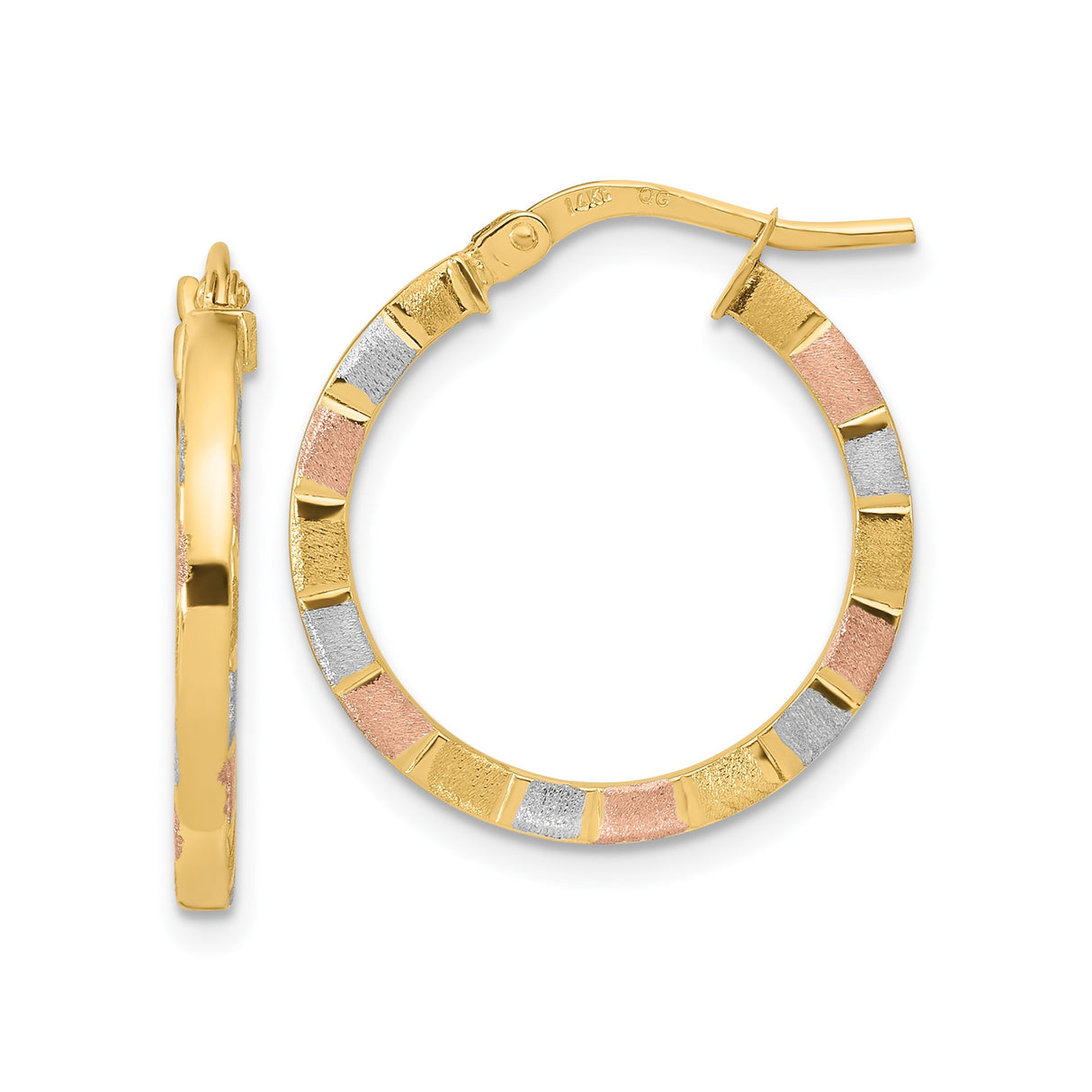 14k Tri-Color Gold Hoop Earrings, Textured Round Lightweight Design for Women