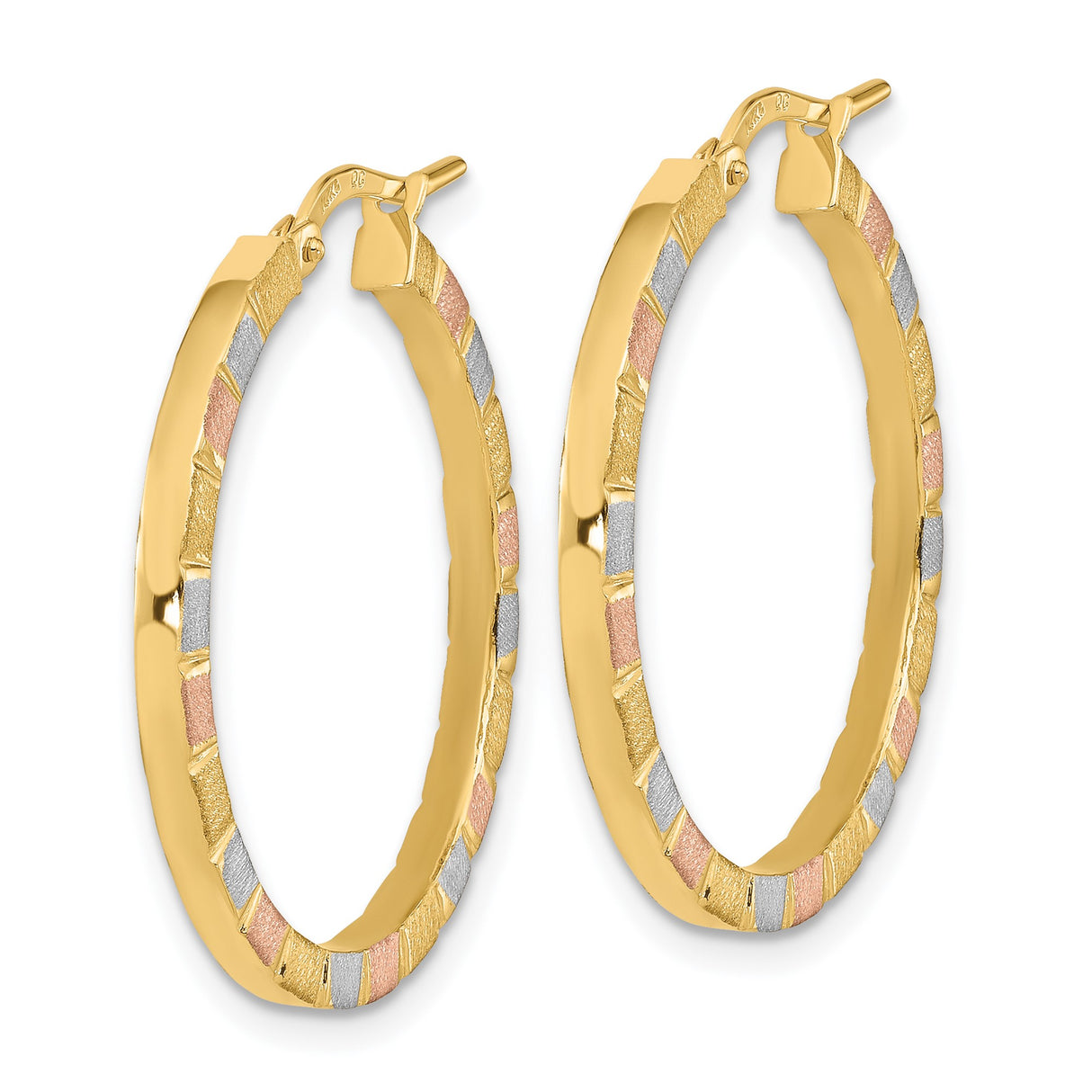 14k Tri-Color Gold Hoop Earrings, Yellow White Rose Segments, Textured Satin Finish