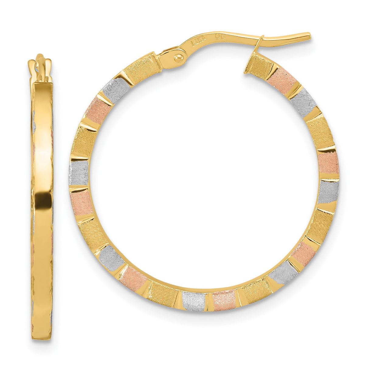 14k Tri-Color Gold Hoop Earrings, Yellow White Rose Segments, Textured Satin Finish