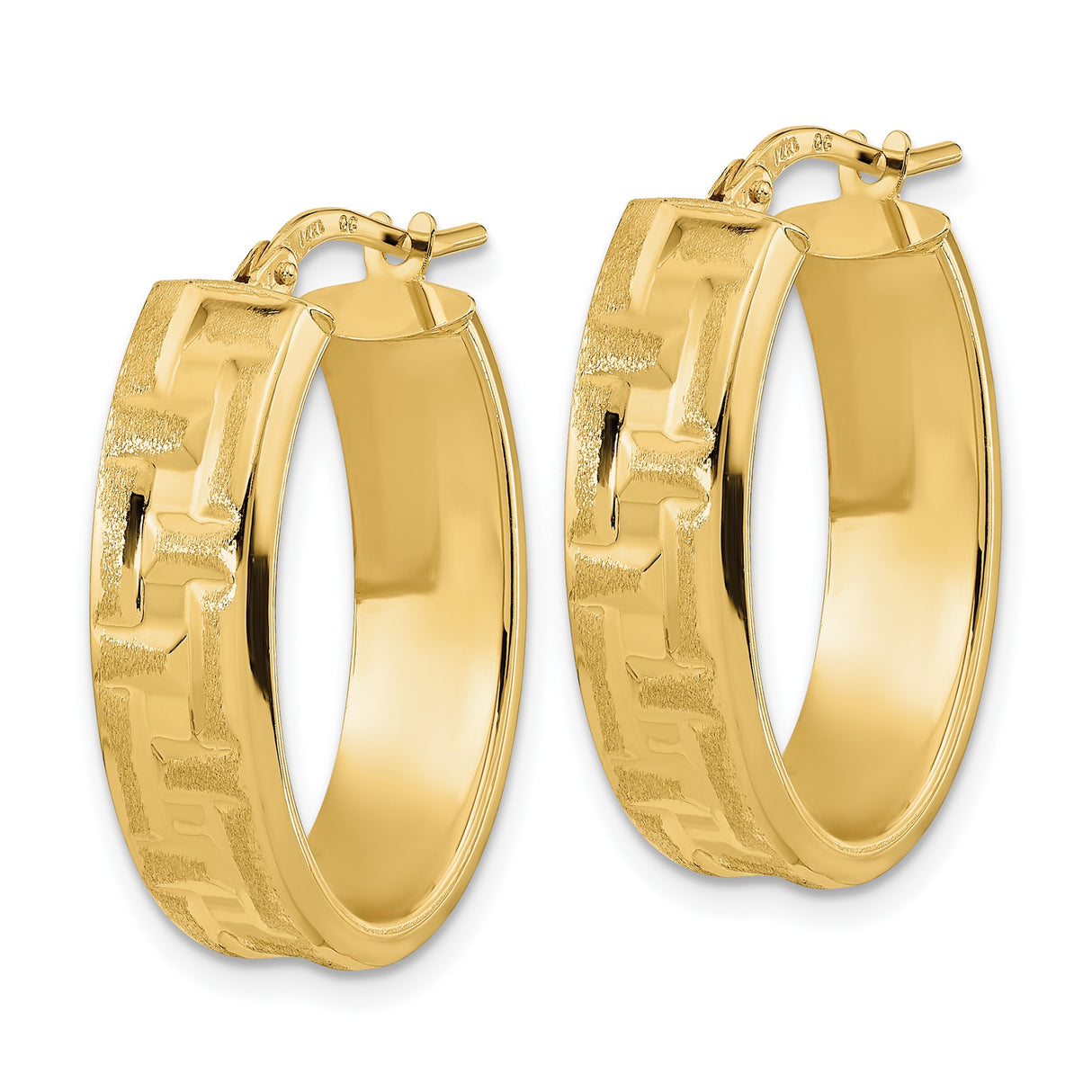 14k Yellow Gold Oval Hoop Earrings with Textured Block Pattern, Lightweight Contemporary Style