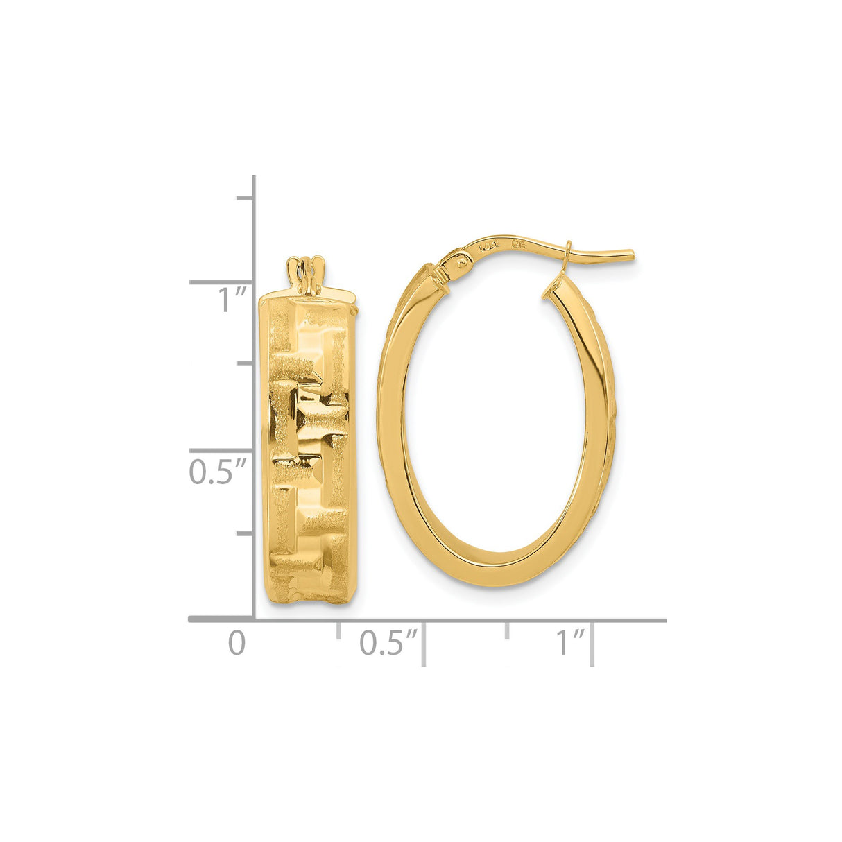 14k Yellow Gold Oval Hoop Earrings with Textured Block Pattern, Lightweight Contemporary Style