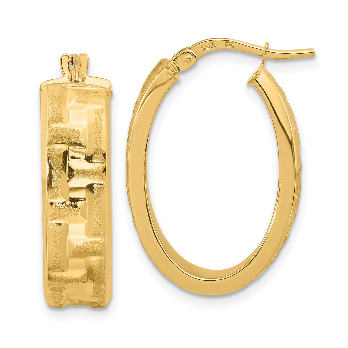 14k Yellow Gold Oval Hoop Earrings with Textured Block Pattern, Lightweight Contemporary Style