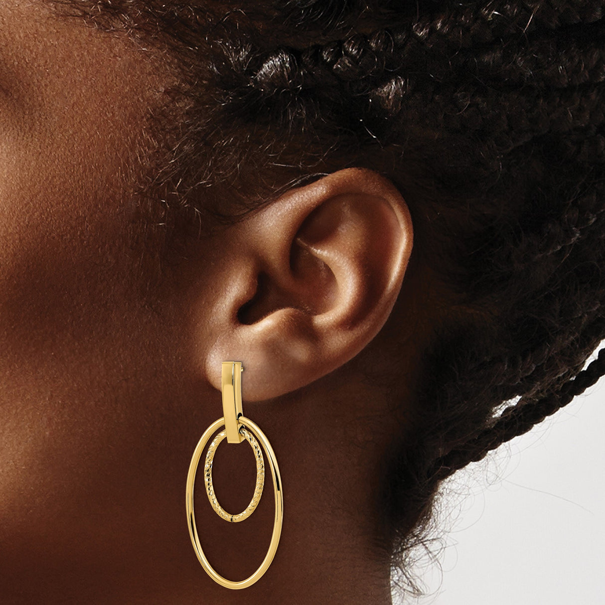 14k Yellow Gold Dangle Earrings, Polished Outer Oval with Textured Inner Oval, Double Hoop Design