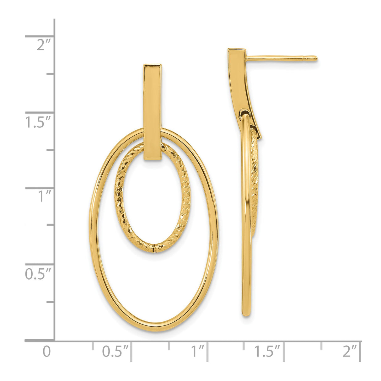 14k Yellow Gold Dangle Earrings, Polished Outer Oval with Textured Inner Oval, Double Hoop Design