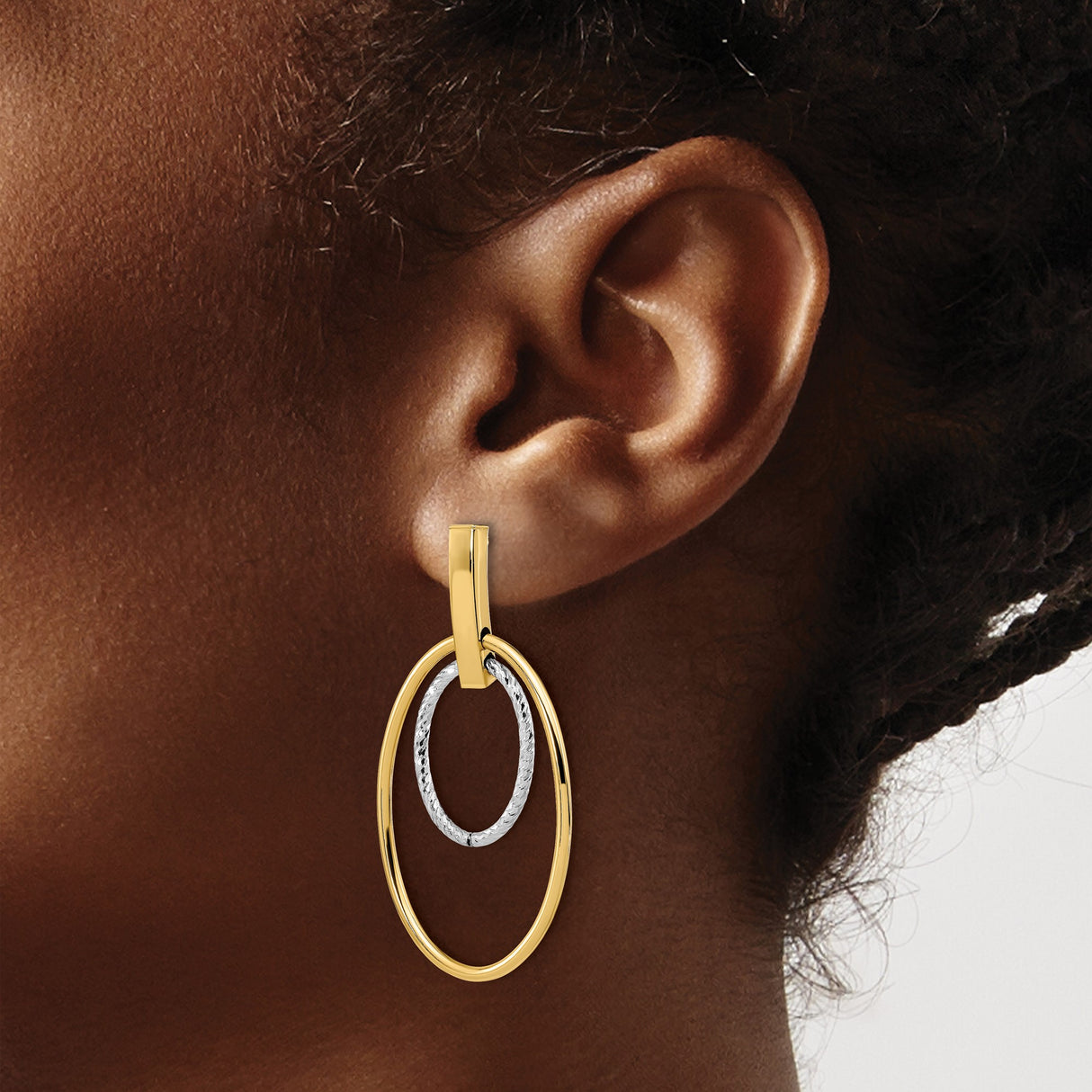 14k Yellow Gold Drop Earrings with Two-Tone Oval Hoops and Twisted Inner Loop Design