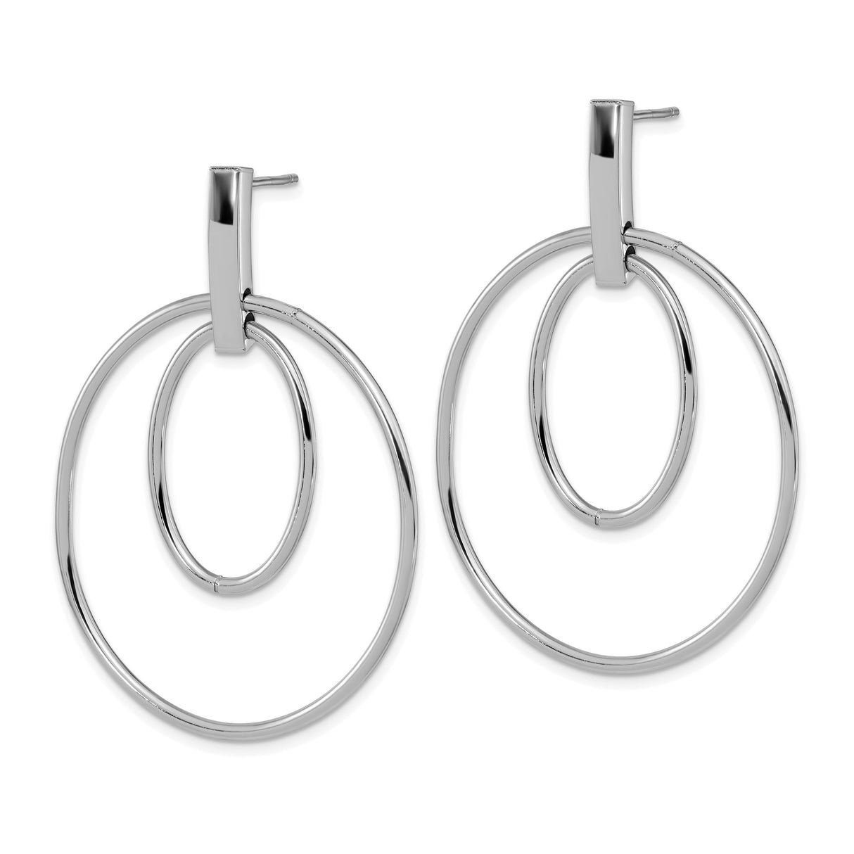 14k White Gold Dangle Earrings, Double Hoop Drop Design, Minimalist Geometric Style for Women