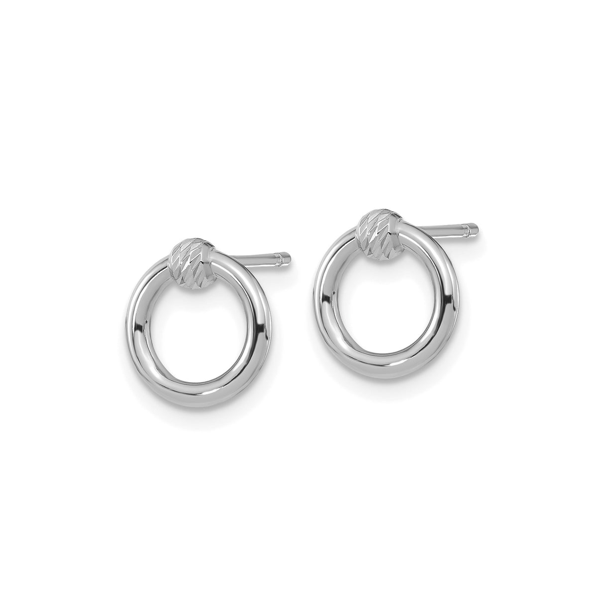 14k White Gold Open Circle Stud Earrings with Textured Bead Detail, Minimalist Design