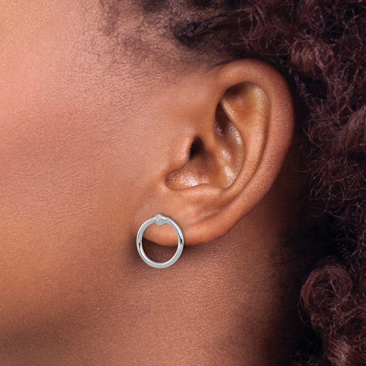 14k White Gold Circle Stud Earrings, Polished Hoop Design with Textured Accents