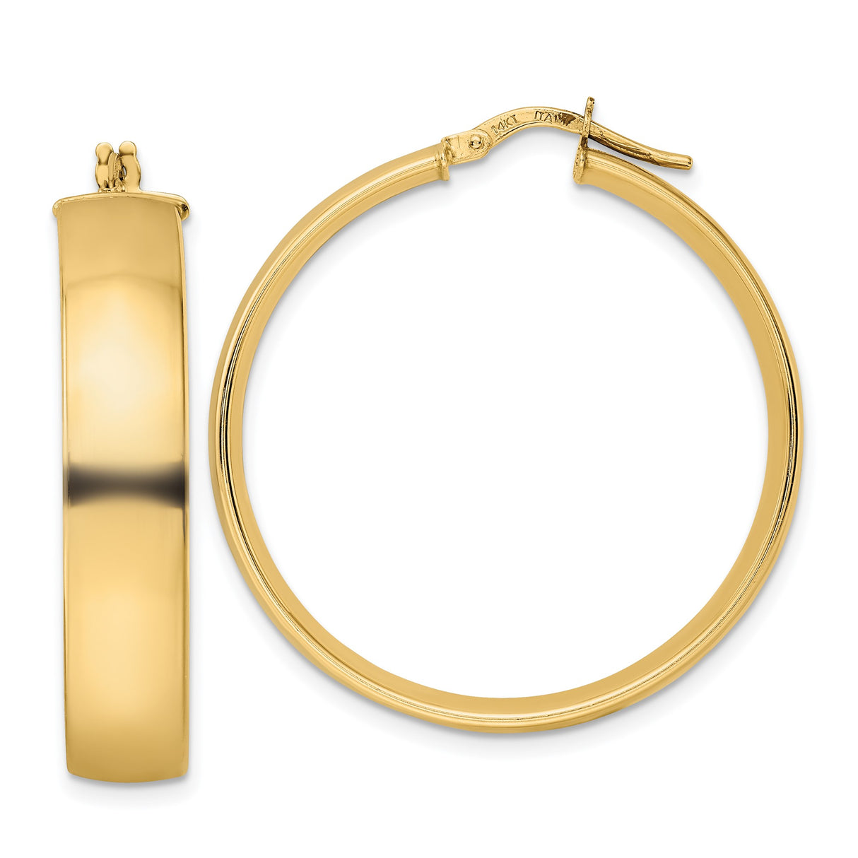 14k Yellow Gold Hoop Earrings, Wide Band Round Hoops with Latch Back Closure