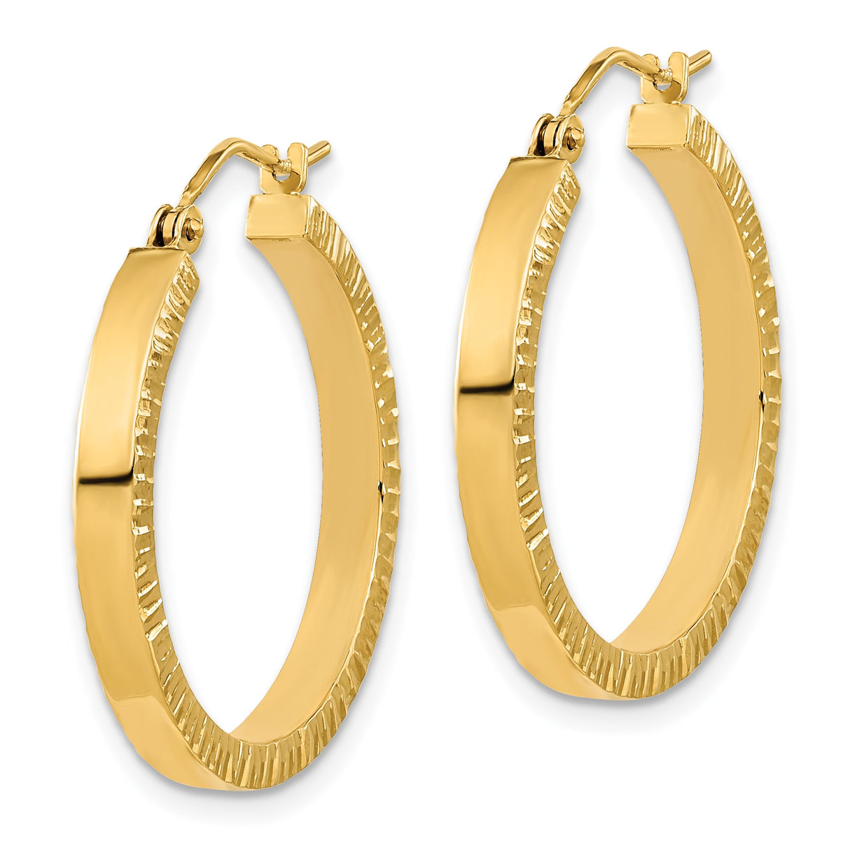 14k Yellow Gold Hoop Earrings with Textured Ridged Design, Polished Finish, Lightweight Medium Size