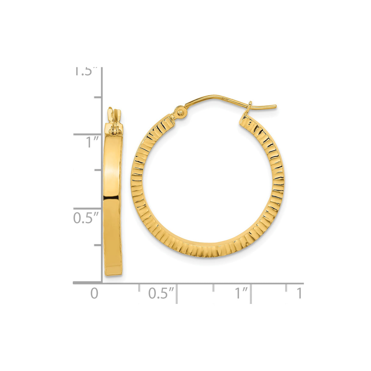 14k Yellow Gold Hoop Earrings with Textured Ridged Design, Polished Finish, Lightweight Medium Size