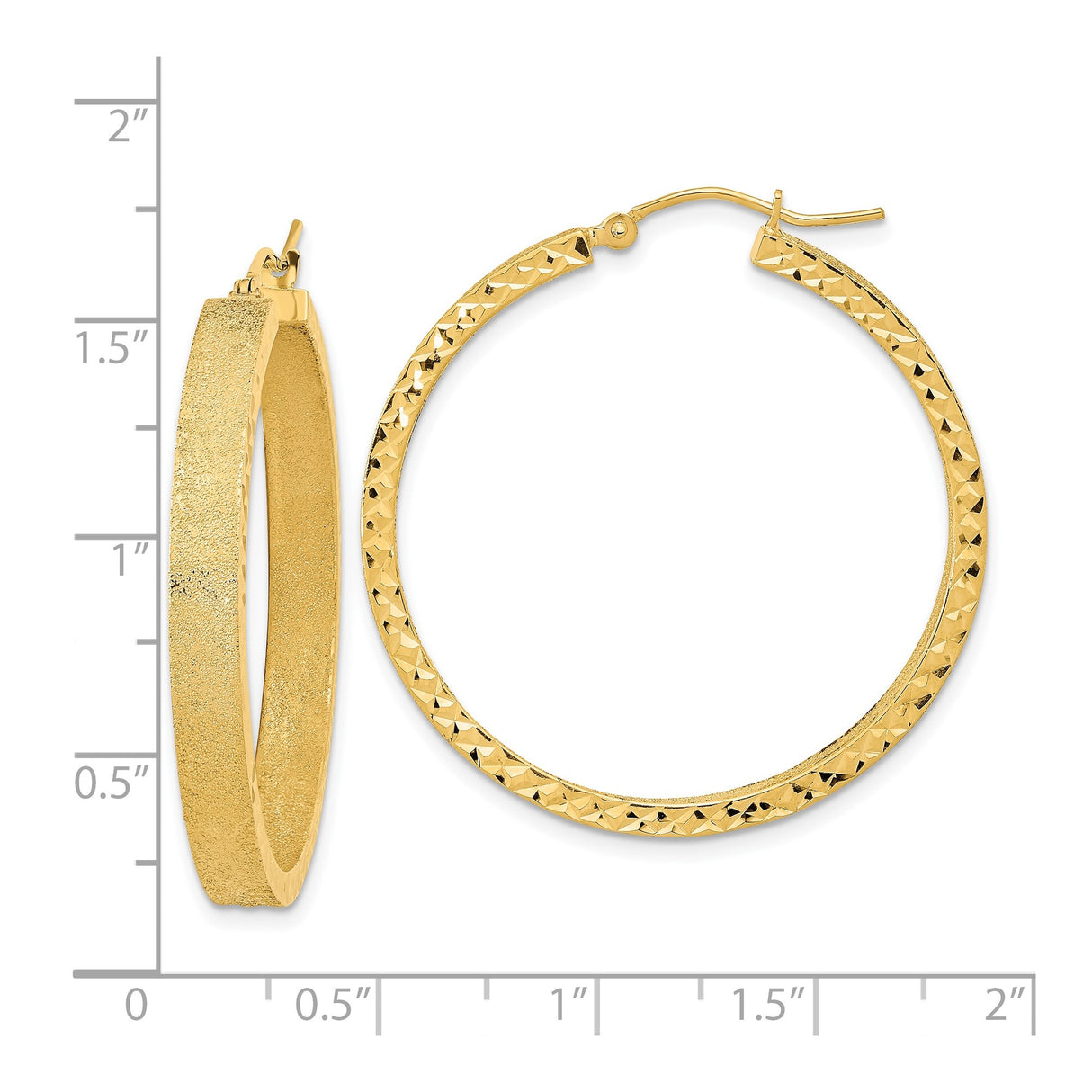 14k Yellow Gold Hoop Earrings with Diamond Cut Texture and Sandblasted Finish, Lightweight Large Hoops
