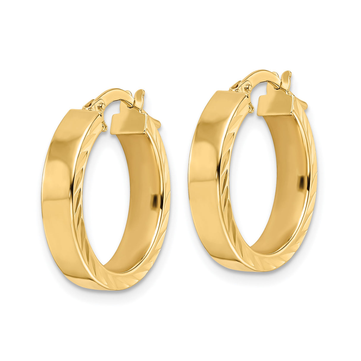 14k Yellow Gold Hoop Earrings, Polished Diamond-Cut Textured Lightweight Design for Women