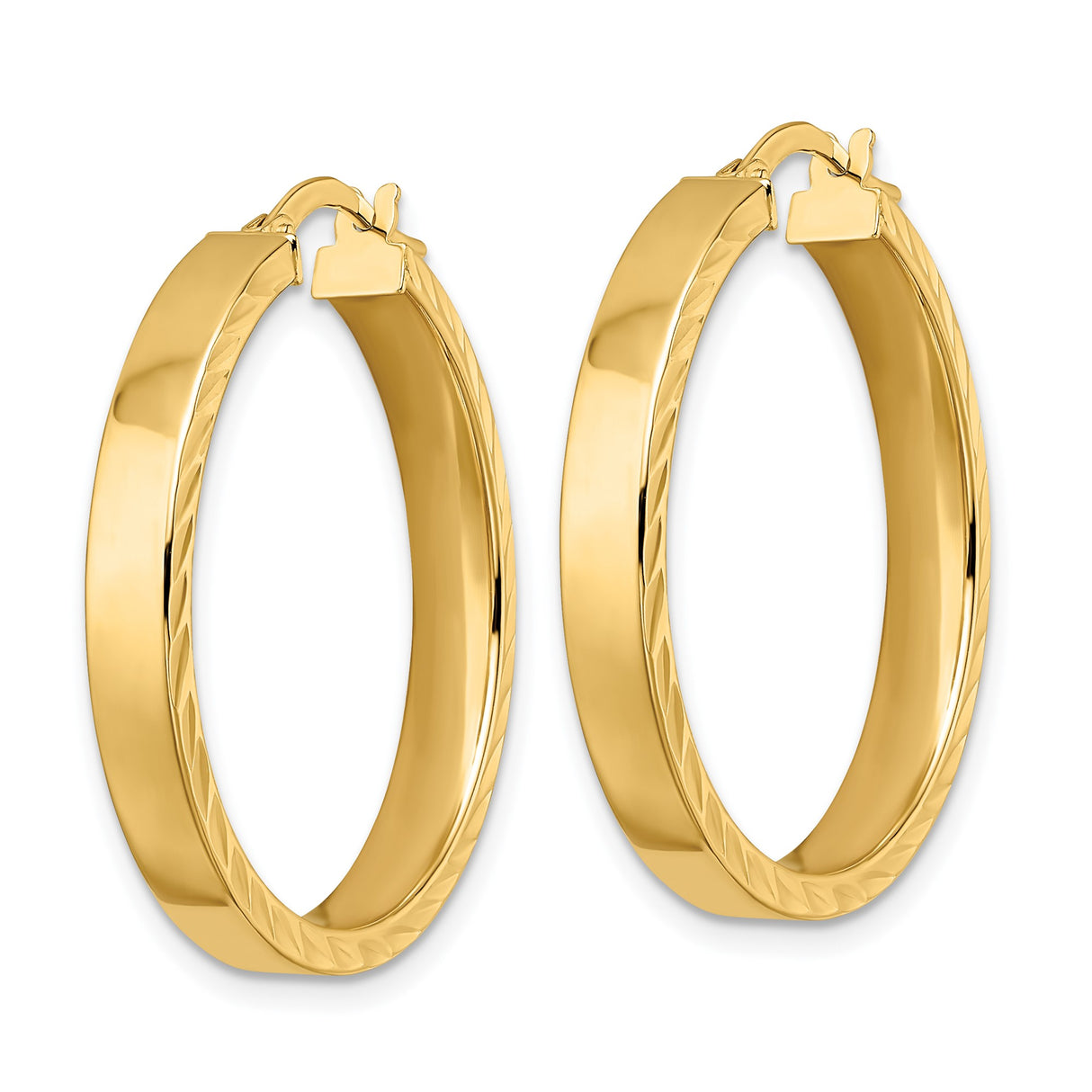 14k Yellow Gold Hoop Earrings, Diamond Cut with Polished and Textured Finish for Women