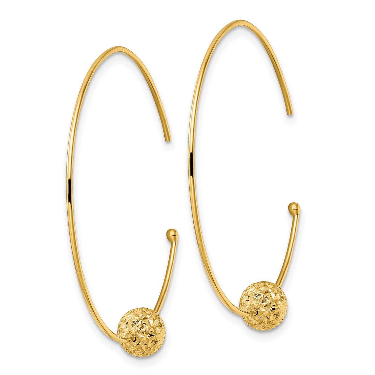 14k Yellow Gold Hoop Earrings with Faceted Bead, Textured Minimalist Open Design for Women