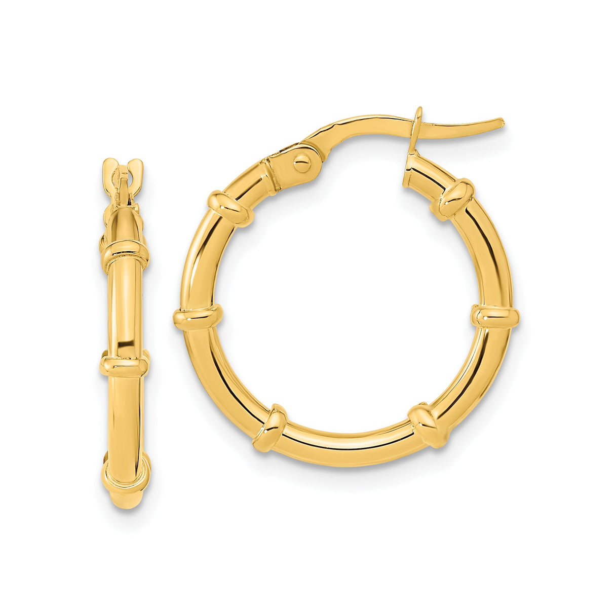 14k Yellow Gold Hoop Earrings, Bamboo Design, Textured Lightweight Style for Women