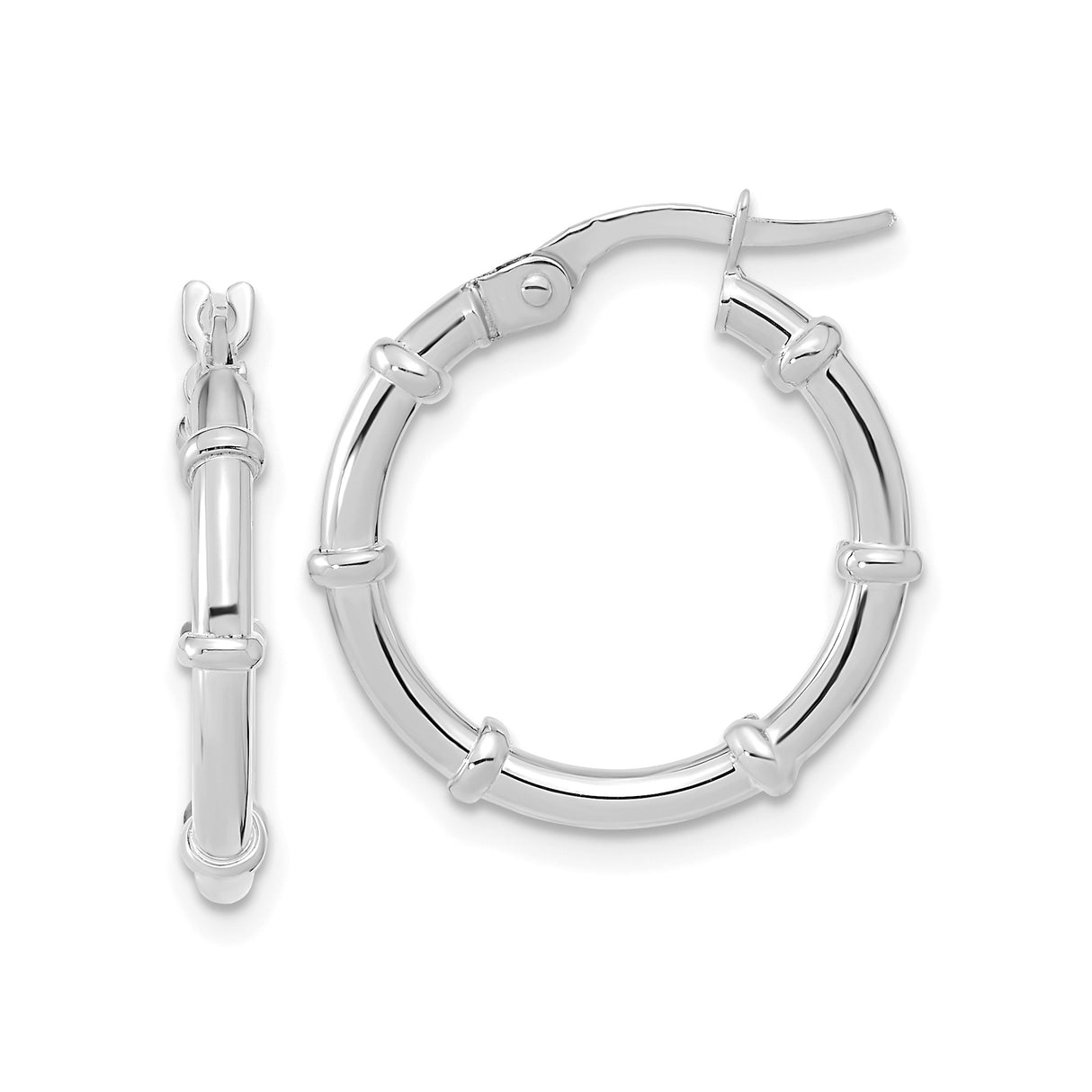 14k White Gold Hoop Earrings, Bamboo Style with Segmented Detailing, Polished Finish