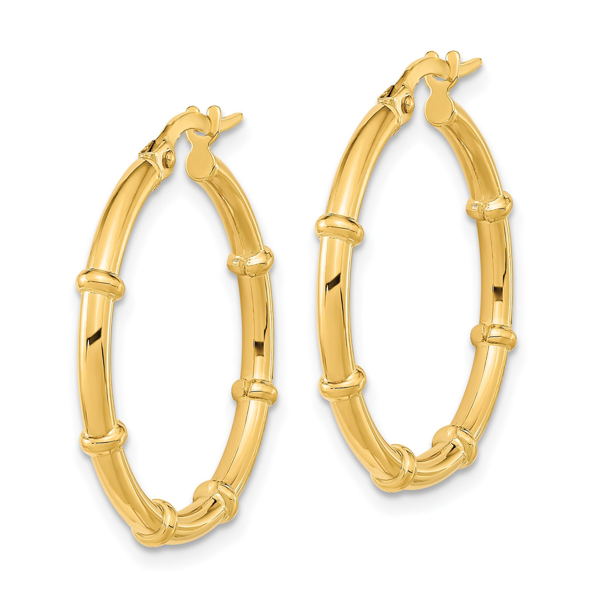 14k Yellow Gold Hoop Earrings, Bamboo Style with Polished Finish and Segment Ridges