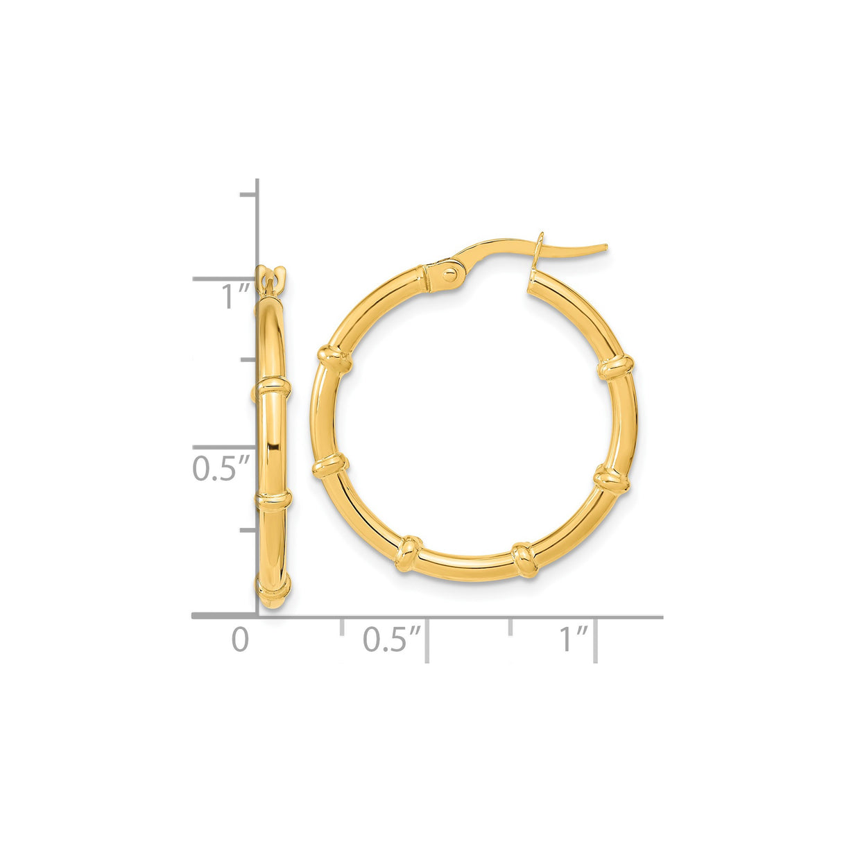14k Yellow Gold Hoop Earrings, Bamboo Style with Polished Finish and Segment Ridges