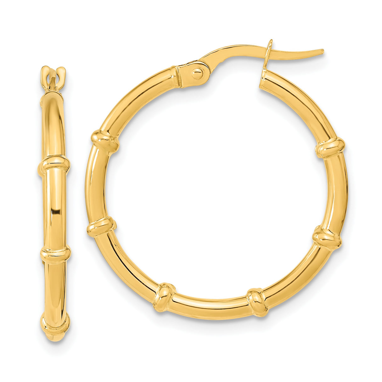 14k Yellow Gold Hoop Earrings, Bamboo Style with Polished Finish and Segment Ridges