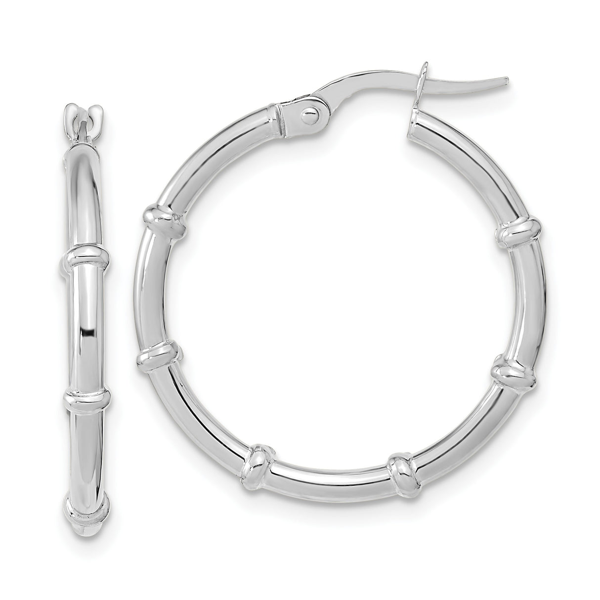 14k White Gold Bamboo Hoop Earrings, Polished Segmented Design, Lightweight Jewelry for Women