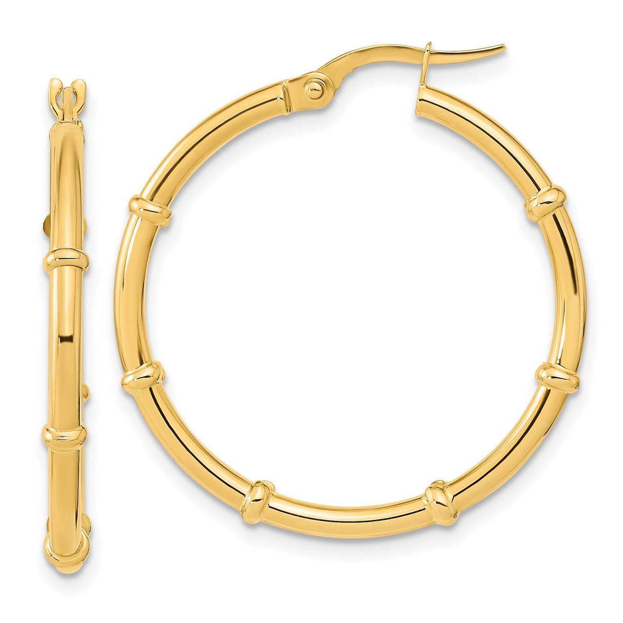 14k Yellow Gold Hoop Earrings, Bamboo Style with Segmented Design and Polished Finish